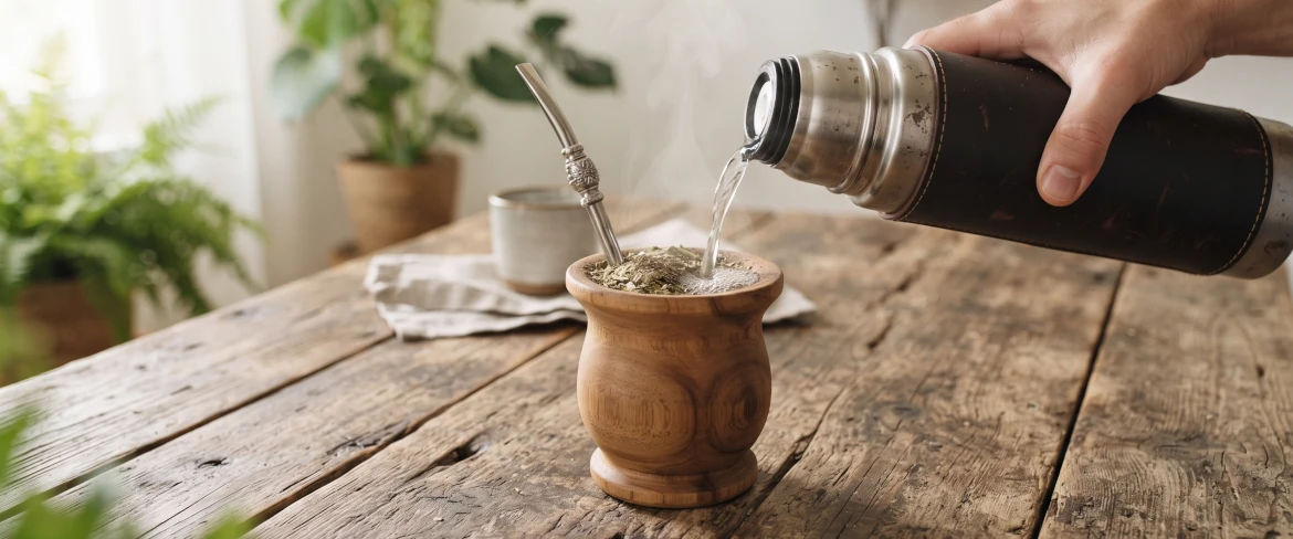 Água quente a ser vertida de uma garrafa térmica para uma cuia de madeira com erva-mate e uma bombilha.