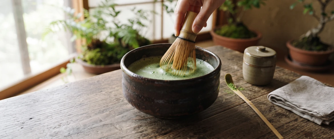 Preparação tradicional do matcha numa taça escura com um batedor de bambu (chasen).