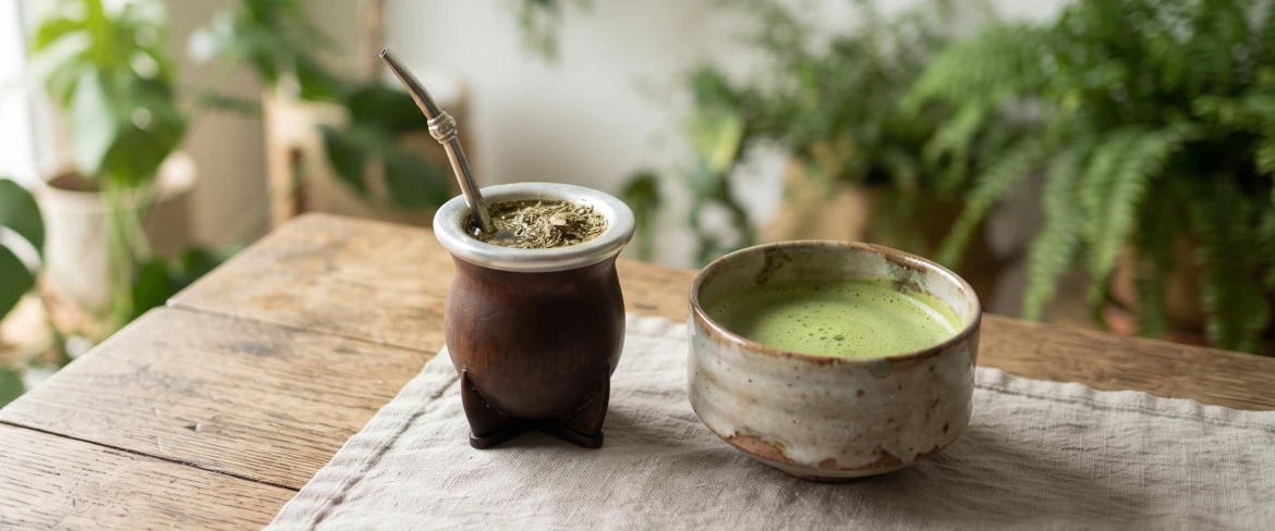 Comparação direta entre o matcha e a erva-mate: uma cuia de mate com uma bombilha e uma taça de cerâmica com a infusão.