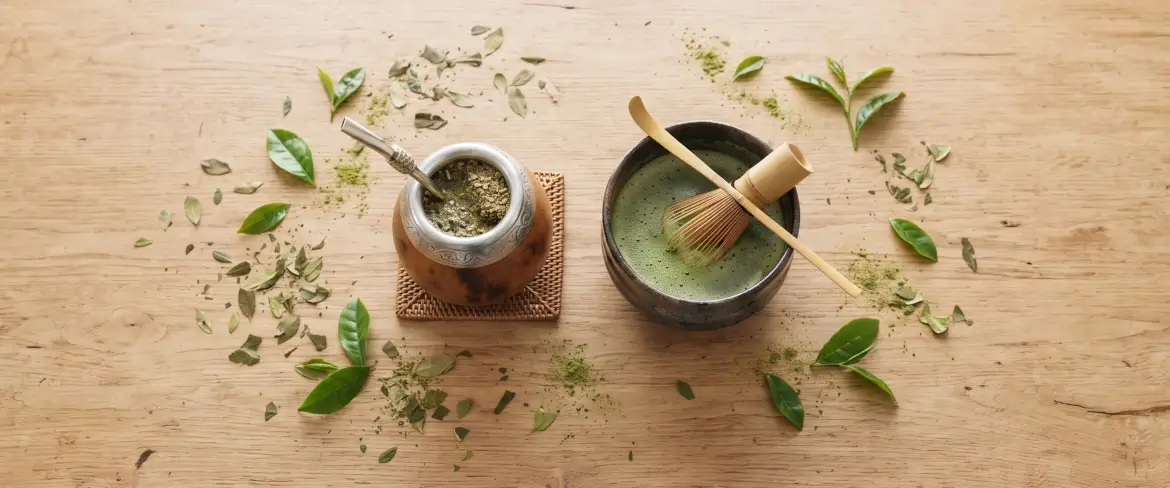 Vista de cima da erva-mate e do matcha: uma cuia de madeira e uma taça de cerâmica rodeadas por folhas.
