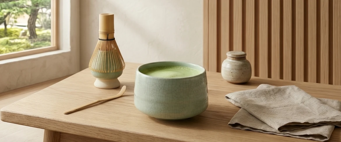 Chá matcha numa taça matchawan com um batedor chasen – conjunto de chá matcha