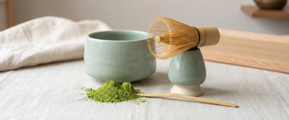 Batedor de matcha (chasen) e suporte para kusenaoshi – conjunto de matcha