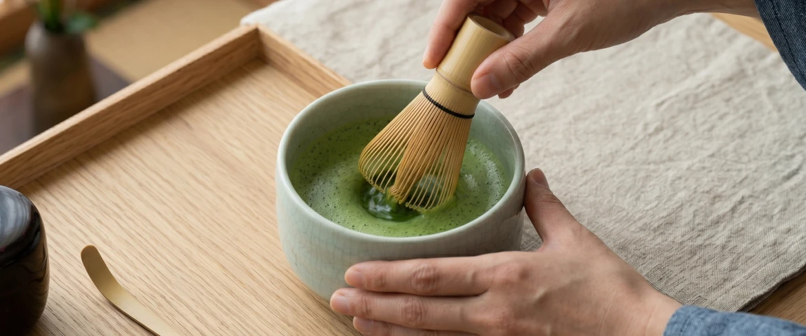 Preparar chá matcha numa chávena de matcha com um chasen – um conjunto de matcha