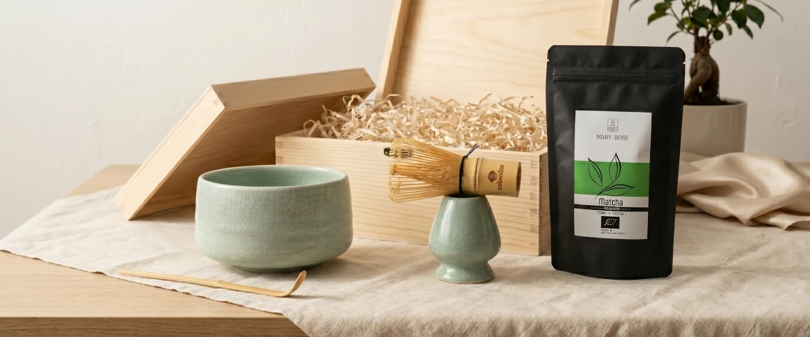 Conjunto de presente de matcha – chawan, chasen e chá matcha em embalagem