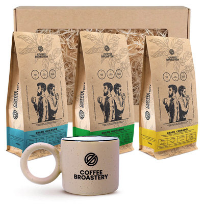 Conjunto presente Coffee Broastery: 3× café brasileiro + caneca