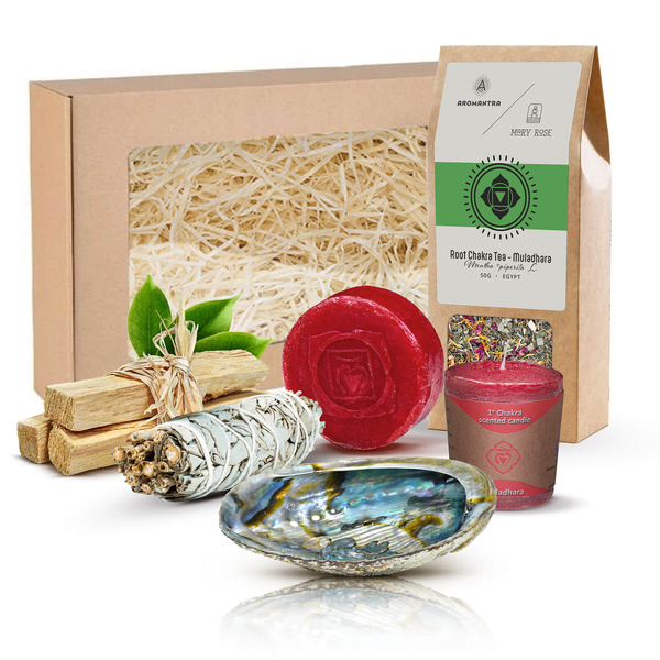 Conjunto de oferta para Chacra Raiz (Muladhara): chá de chakra + incenso + vela