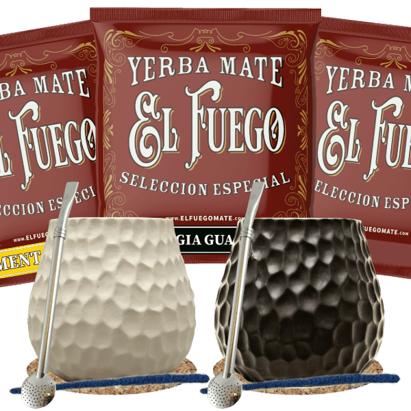Conjuto de Erva Mate para dois: amostras El Fuego 3x50g + 2x Calabaza + 2x Bombilla