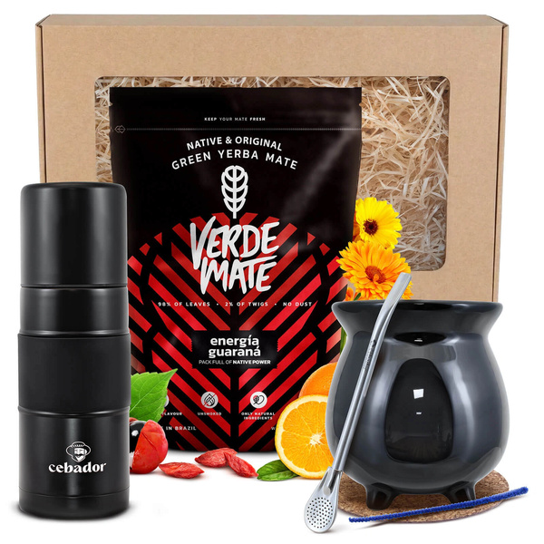 Conjunto de oferta de Erva Mate: Verde Mate Energía Guaraná 0,4kg + Yerbomos X + Calabaza + Bombilla