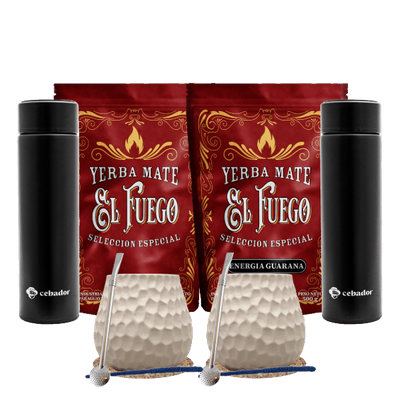 Conjunto Yerba Mate para dois: El Fuego 2x500g + 2x Garrafa Térmica LED + 2x Calabaza + 2x Bombilla