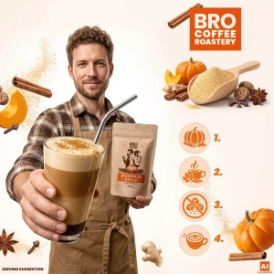Conjunto para Pumpkin Spice Latte: café Bro Coffee Roastery Brazil Guaxupe 1kg + Pumpkin Spice Latte Mix 100g