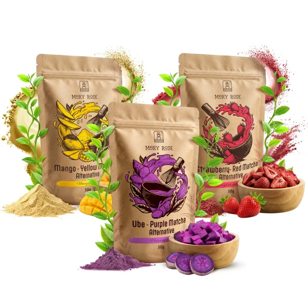 Conjunto de matchas coloridos: Purple Matcha + Yellow Matcha + Red Matcha