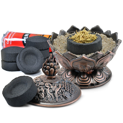 Conjunto de aparas de palo santo, queimador de incenso e carvões de incenso