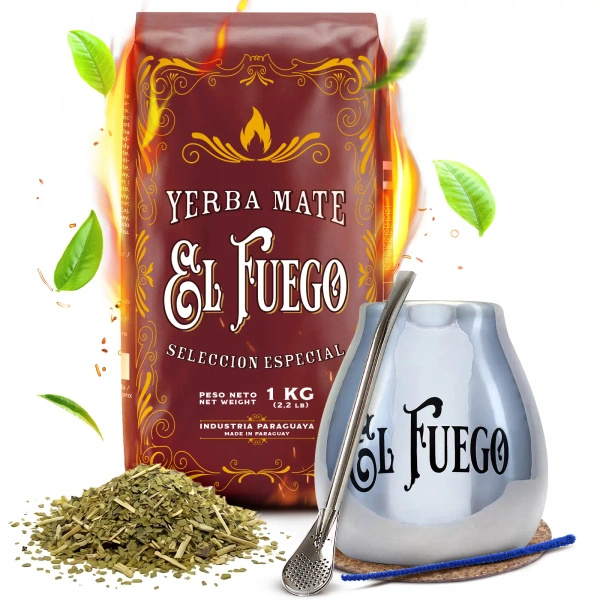 Conjuto de Erva Mate: El Fuego Elaborada 1kg + Calabaza + Bombilla