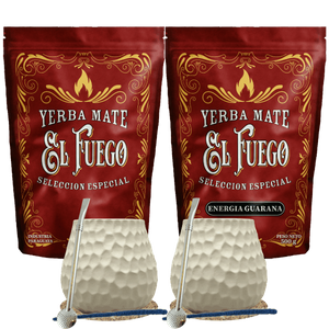 Kit inicial para dois de Erva Mate El Fuego 2×500 g + 2× Cuia + 2× Bombilla