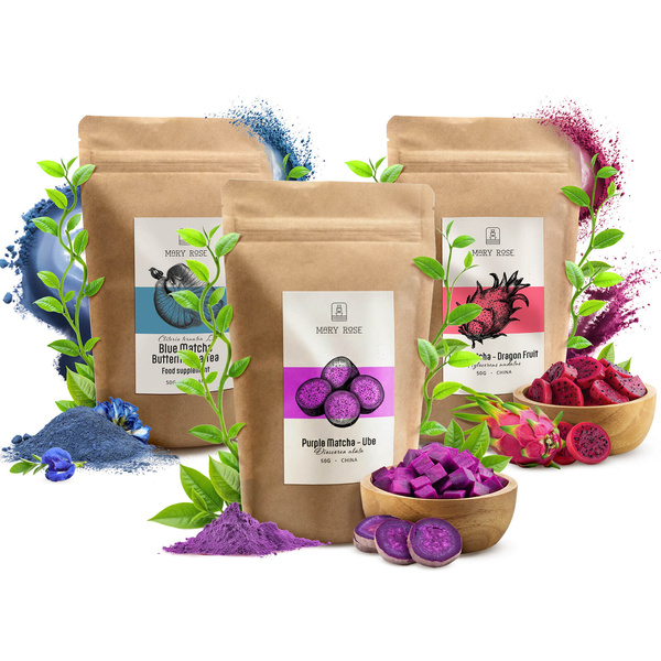 Conjunto de matchas coloridos: Blue Matcha + Pink Matcha + Purple Matcha