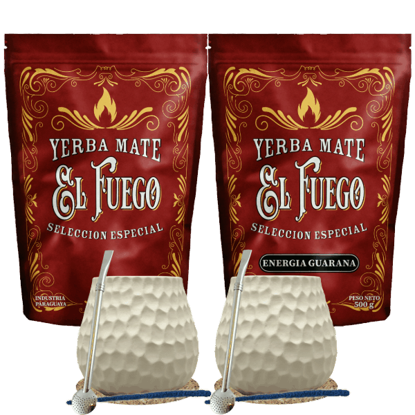 Kit inicial para dois de Erva Mate El Fuego 2×500 g + 2× Cuia + 2× Bombilla
