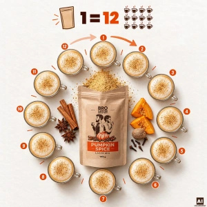 Conjunto para Pumpkin Spice Latte: café Bro Coffee Roastery Brazil Samba 1kg + Pumpkin Spice Latte Mix 100g