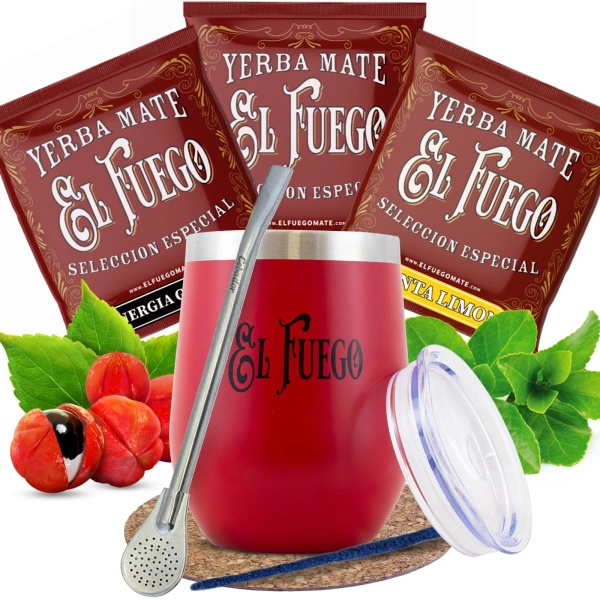 Conjunto Yerba Mate El Fuego: amostras 3x50g + TermoLid + Bombilla