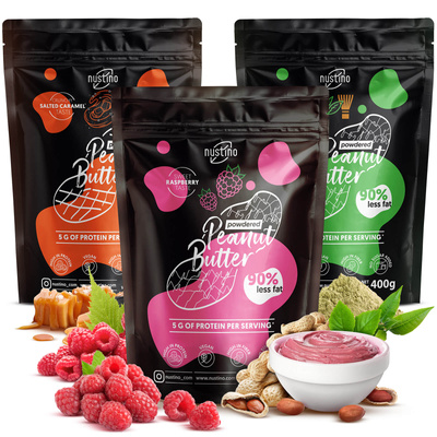 Conjunto de manteiga de amendoim em pó Nustino: Raspberry + Salted Caramel + Matcha 3x400g