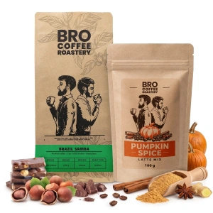 Conjunto para Pumpkin Spice Latte: café Bro Coffee Roastery Brazil Samba 1kg + Pumpkin Spice Latte Mix 100g