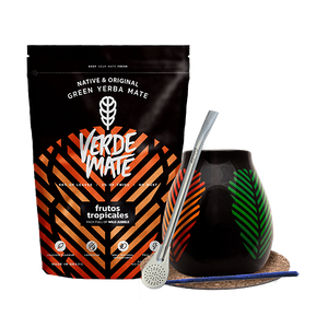 Conjuto de Erva Mate: Verde Mate Frutos Tropicales 500g + Calabaza + Bombilla