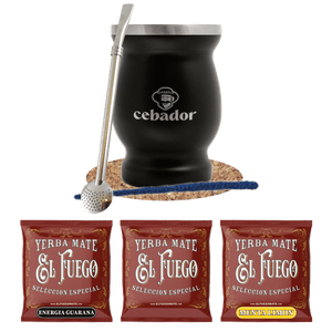 Conjuto de Erva Mate: amostras El Fuego 3x50g + TermoMate + Bombilla