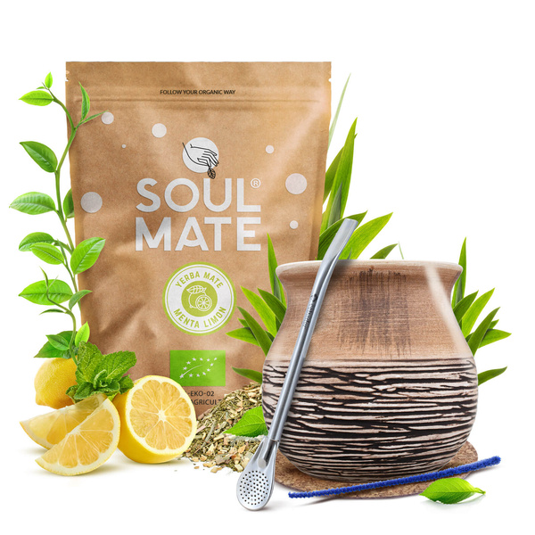 Conjuto de Erva Mate Soul Mate Organica Menta Limon 500g 0,5kg Calabaza + Bombilla