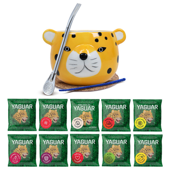 Conjuto de Erva Mate: amostras Yaguar 10x50g + Calabaza + Bombilla