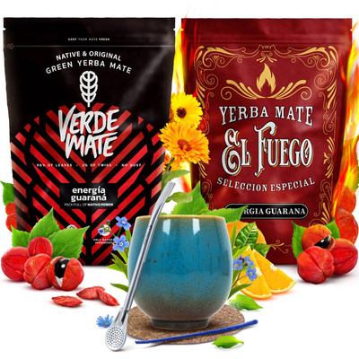 Conjuto de Erva Mate Verde Mate El Fuego Energia 2x500g + acessórios