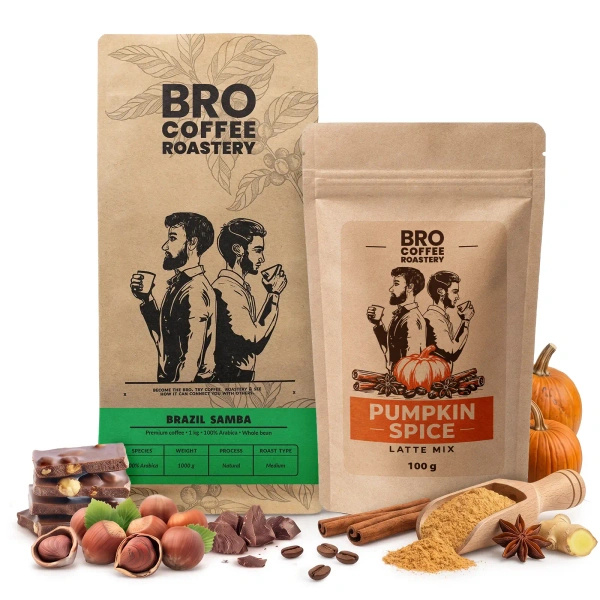 Conjunto para Pumpkin Spice Latte: café Bro Coffee Roastery Brazil Samba 1kg + Pumpkin Spice Latte Mix 100g