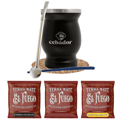 Conjuto de Erva Mate: amostras El Fuego 3x50g + TermoMate + Bombilla