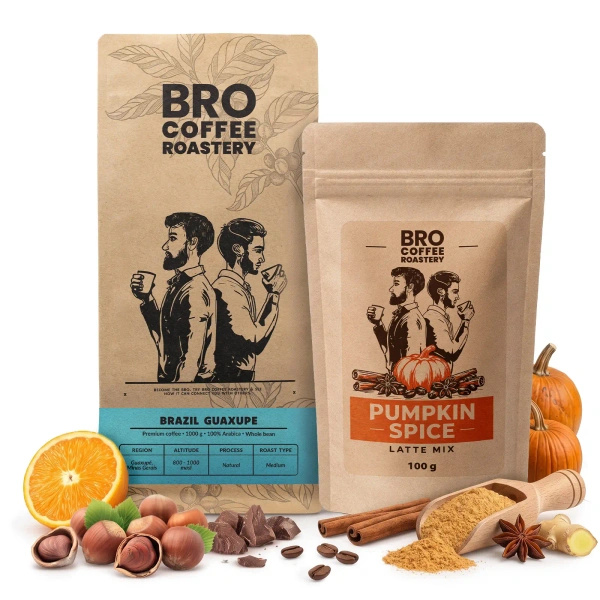 Conjunto para Pumpkin Spice Latte: café Bro Coffee Roastery Brazil Guaxupe 1kg + Pumpkin Spice Latte Mix 100g