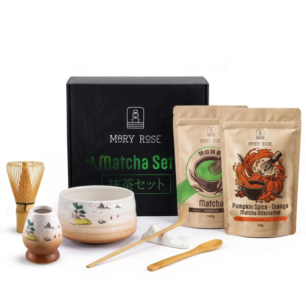 Kit presente para Matcha Latte colorido: Matcha + Orange Matcha + acessórios