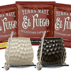 Conjuto de Erva Mate para dois: amostras El Fuego 3x50g + 2x Calabaza + 2x Bombilla