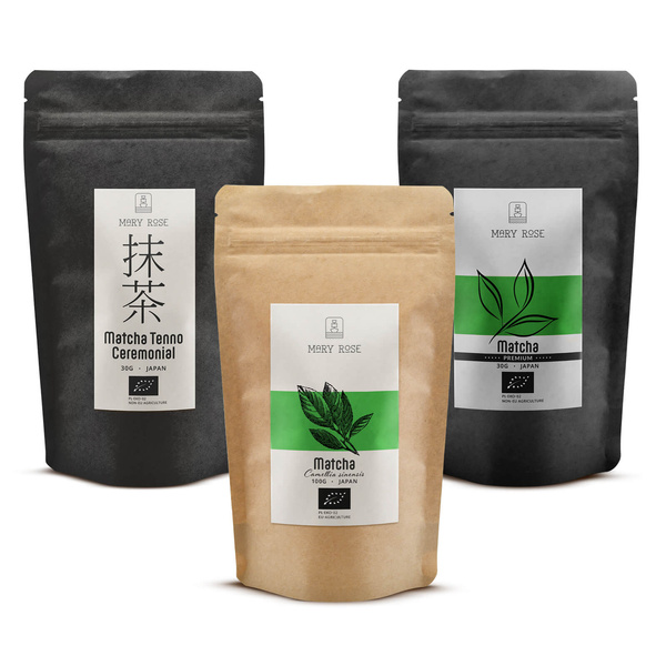 Conjunto de 3 chás matcha biológicos do Japão: cerimonial + premium + culinário