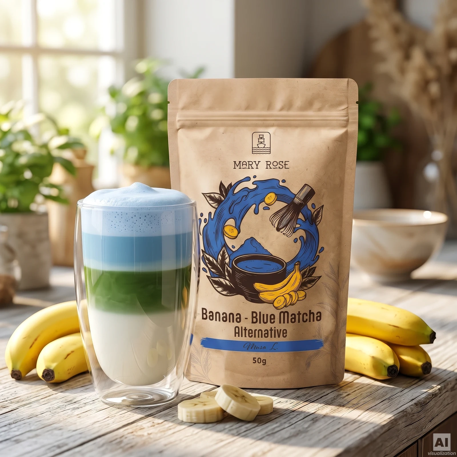 Blue Banana Matcha Latte de três cores com Mary Rose Blue Matcha Alternative Banana