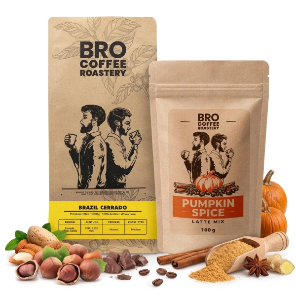 Conjunto para Pumpkin Spice Latte: café Bro Coffee Roastery Brazil Cerrado 1kg + Pumpkin Spice Latte Mix 100g