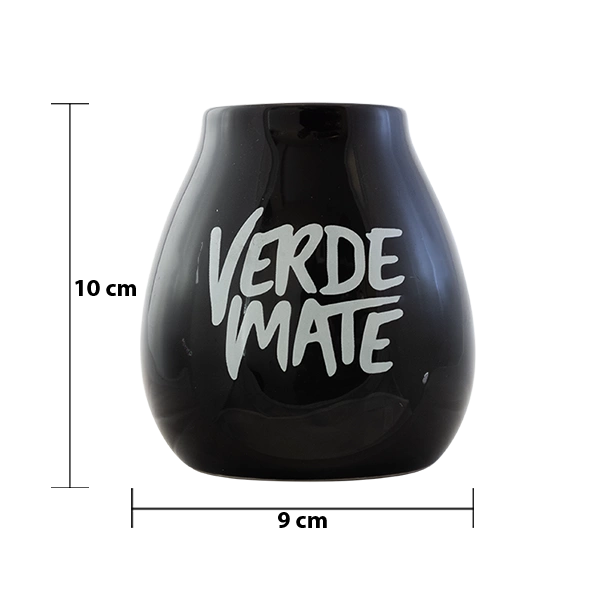 Dimensões da cuia de cerâmica para mate Verde Mate: altura 10 cm, diâmetro 9 cm