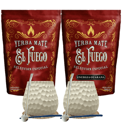 Kit inicial para dois de Erva Mate El Fuego 2×500 g + 2× Cuia + 2× Bombilla